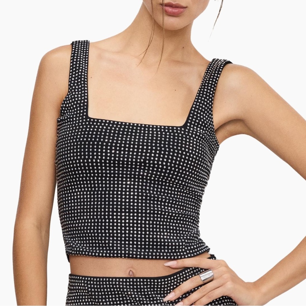 Good American Womens Black Crystal Square Neck Crop Tank Top Embellished Size XS